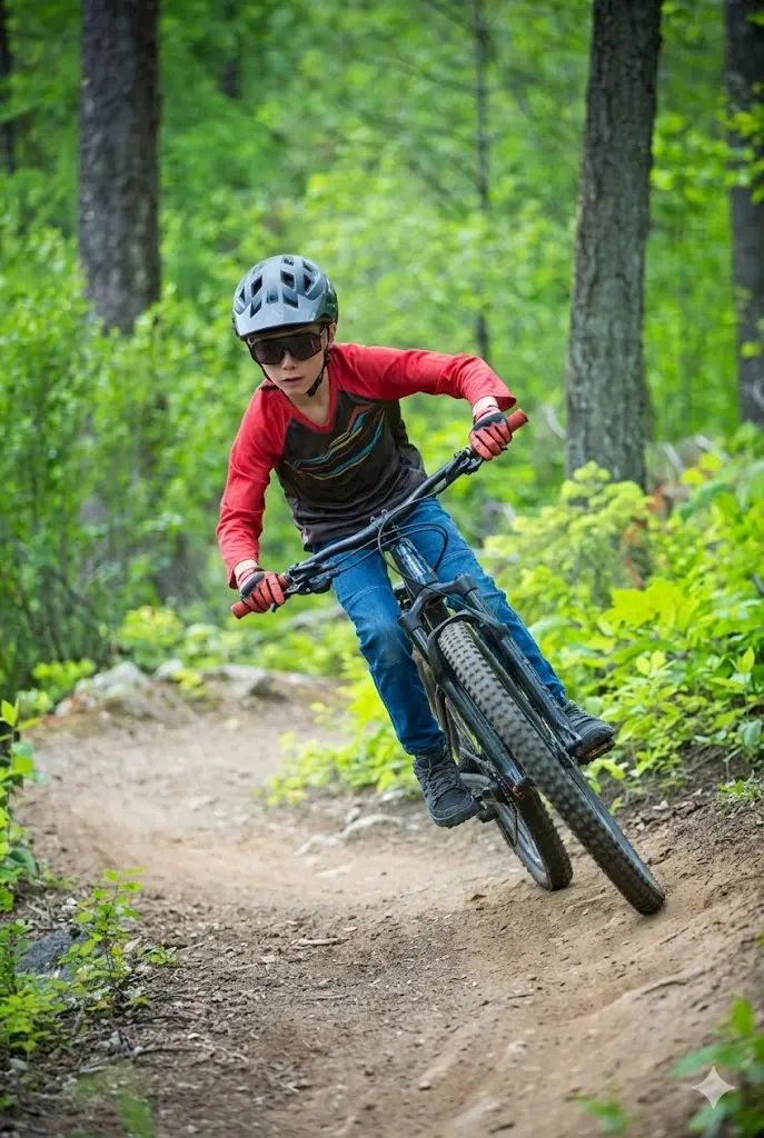 Dziecko na szkoleniu MTB na leśnej trasie w Beskidach