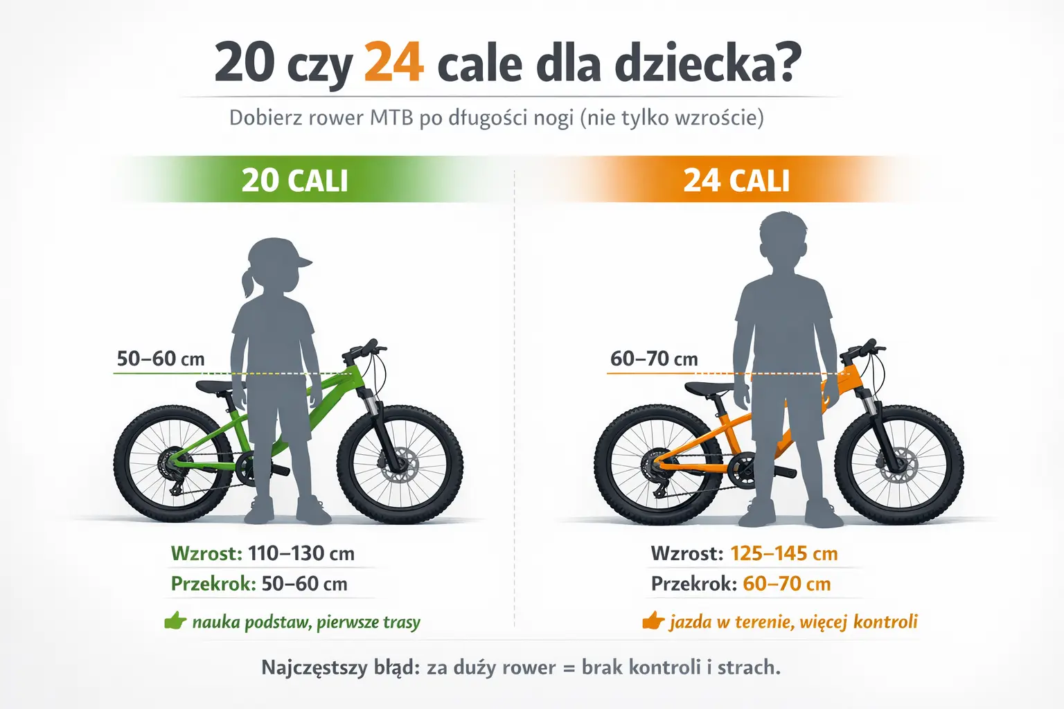 Infografika: rower MTB 20 cali vs 24 cale dla dziecka – porównanie wzrostu i przekroku